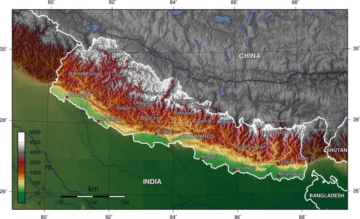 nepal elevation mapa