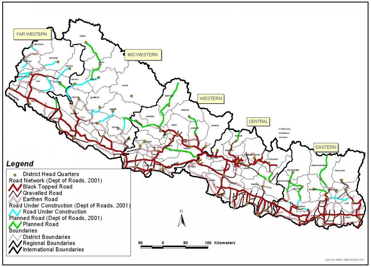 mapa ng nepal ng pagpapakita ng mga highway